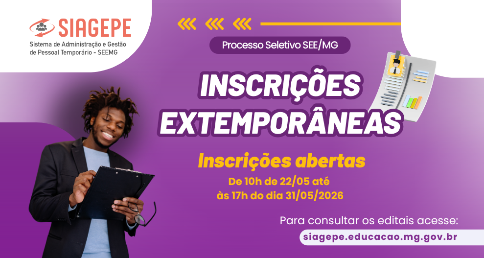 Nova oportunidade de inscrições para contratação extemporânea na rede estadual de ensino de Minas Gerais